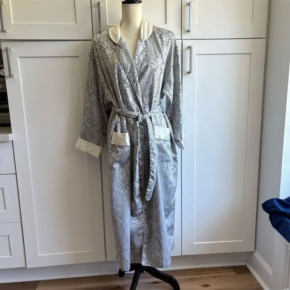Rare Vintage Victoria's Secret Satin Paisley Kimono Robe Gray S Tie Belt